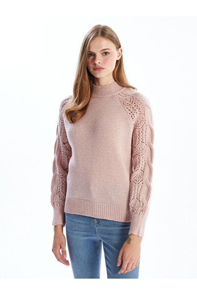 LC Waikiki Pink Half Turtleneck Lace-Like Knit Women's Knitwear Sweater