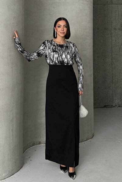 ALFUDO Moda Collection Black Gold Patterned Long Sleeve Stylish Maxi Evening Dress