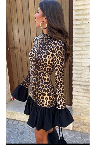 Sisa Butik Leopar Desen Scuba Dalgıç Kumaş Garnili Elbise