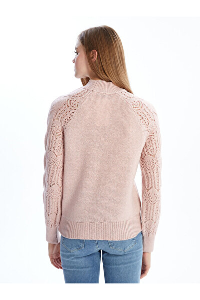 LC Waikiki Pink Half Turtleneck Lace-Like Knit Women's Knitwear Sweater