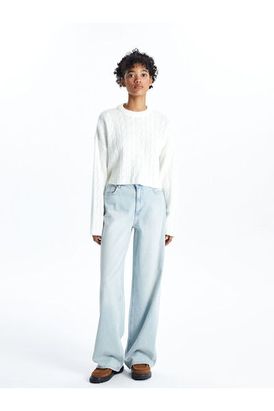 LC Waikiki Ecru Crop Damen-Strickpullover – Rundhalsausschnitt, lange Ärmel