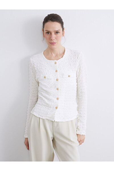 LC Waikiki LCWAIKIKI Basic Ekru Bisiklet Yaka Dokulu Kadın Hırka