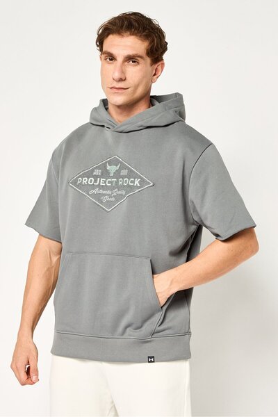 Under Armour x Project Rock Men Sportswear Fit Short Sleeve Outdoor Hoodie, Grey