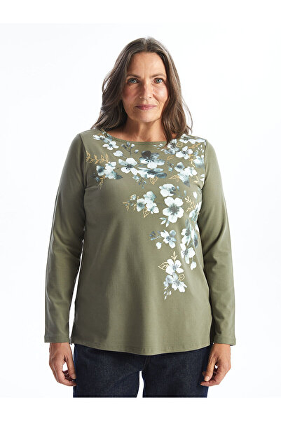 LC Waikiki Lcw Grace Khaki Floral Print Women's T-Shirt - Crew Neck