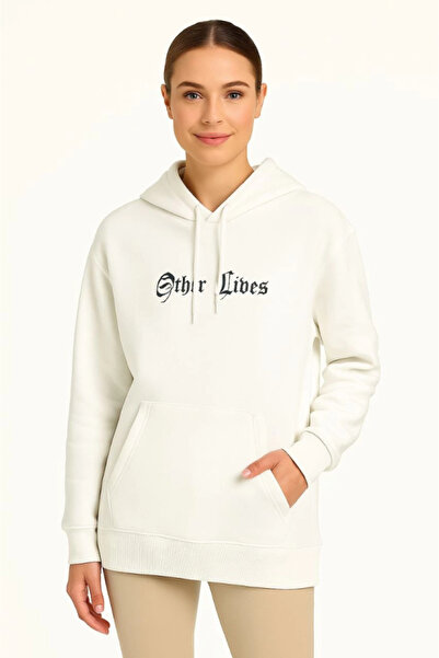 JANES oversized Φούτερ Three Thread Ş επένδυση fleece K με κουκούλα – Λευκό «Other Lives» μπροστά και πίσω B με τύπωμα Kang