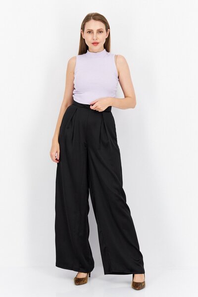 Flounce London Women Plain Satin Wide Pants, Black