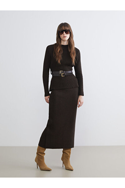 LC Waikiki Lcw Vision Brown Stand Collar Belted Women's Knitwear Sweater