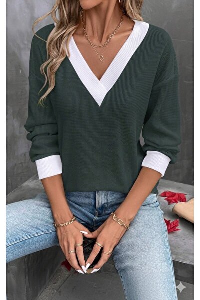 buğrahayalin Women's Long Sleeve V-Neck Waffle Blouse