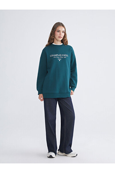 LC Waikiki Lcw Modest Green Paris Printed Women's Thick Sweatshirt Tunic