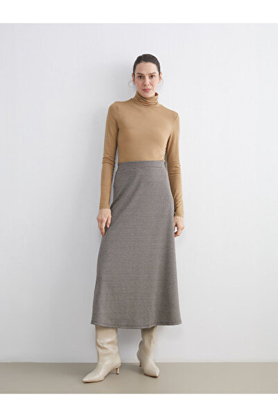 LC Waikiki Lcw Grace Brown Zippered Waist A-Line Skirt with Houndstooth Pattern