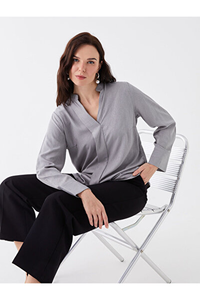 LC Waikiki Gemusterte Damenbluse mit langen Ärmeln und ausgefallenem Kragen