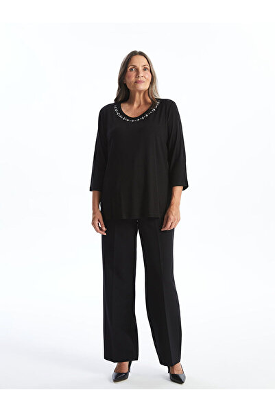 LC Waikiki Black Crew Neck Shiny Stone Women's Blouse