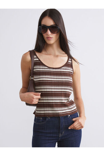 LC Waikiki Brown U-Neck Striped Women's Knitwear Tank Top