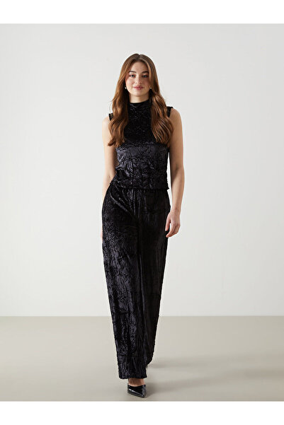 LC Waikiki Black Velvet Women's Trousers with Elastic Waist