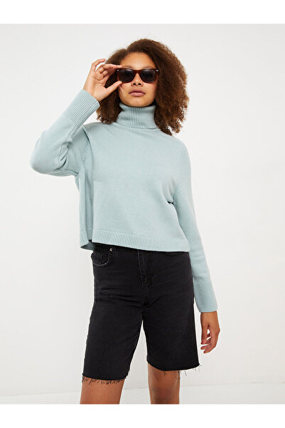 LC Waikiki Green Turtleneck Plain Long Sleeve Women's Knitwear Sweater