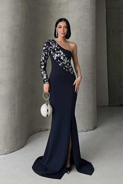 ALFUDO Moda Collection Rochie lungă de seară cu un singur umăr și broderie cu...