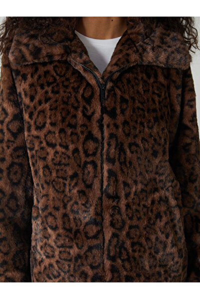 LC Waikiki Shirt Collar Leopard Print Women's Plush Coat