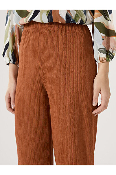 LC Waikiki Brown Elastic Waist Textured Wide Leg Women's Trousers