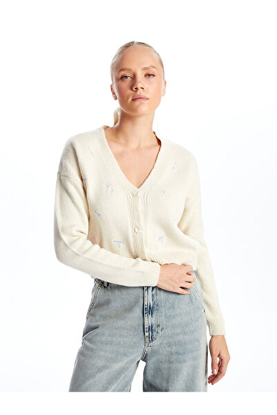 LC Waikiki XSIDE Bej V Yaka Nakışlı Uzun Kollu Kadın Triko Hırka