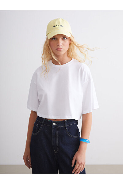 LC Waikiki Γυναικείο αθλητικό μπλουζάκι White Crew Neck oversized Crop