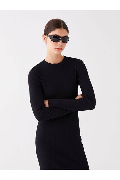 LC Waikiki Black Crew Neck Plain Long Sleeve Dress