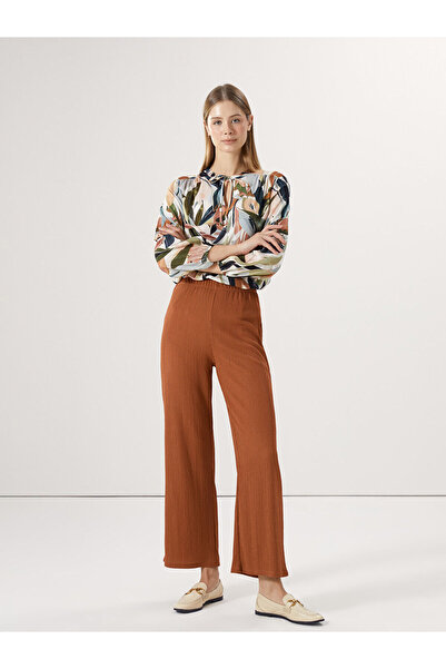 LC Waikiki Brown Elastic Waist Textured Wide Leg Women's Trousers