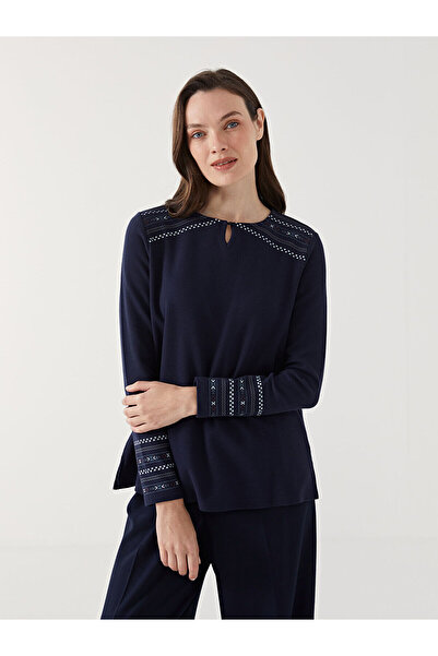 LC Waikiki Navy Blue Crew Neck Patterned Women's Blouse