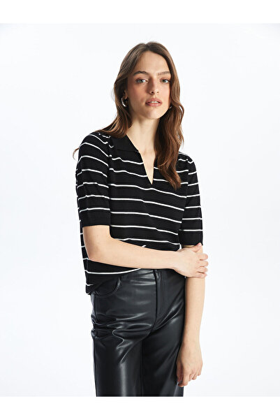 LC Waikiki Γυναικείο πλεκτό πουλόβερ με ριγέ κοντομάνικο λαιμό Polo - W40276z8