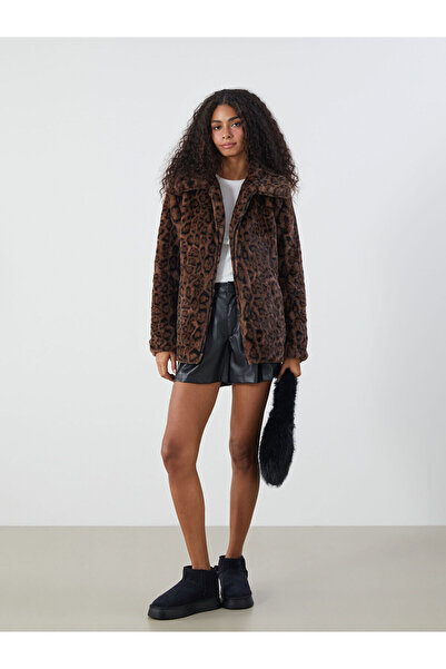 LC Waikiki Shirt Collar Leopard Print Women's Plush Coat