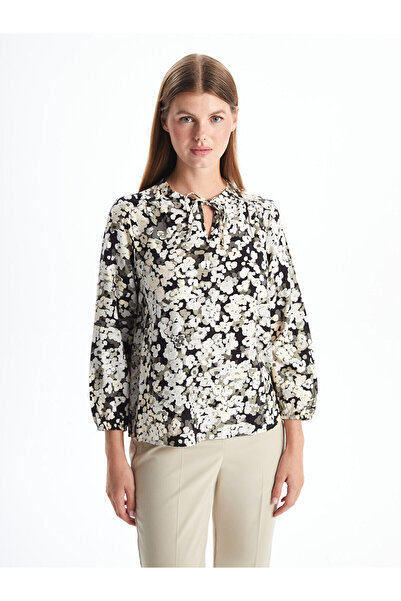 LC Waikiki Patterned Long Sleeve - Tie-Up Collar Women's Blouse