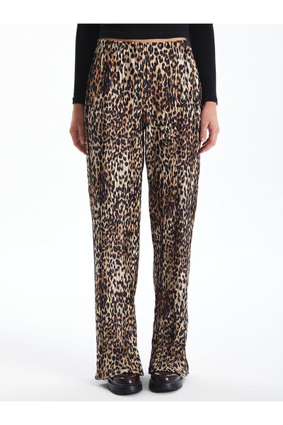 LC Waikiki Brown Elastic Waist Leopard Patterned Women's Trousers