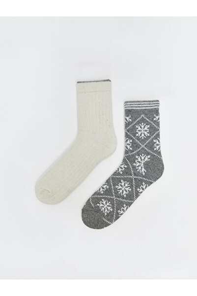 LC Waikiki Gray Wool Patterned Women's Socks 2-Piece