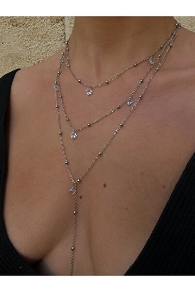 pop up store Zirkon Taşlı Üçlü Zincir Paslanmaz Çelik Kolye