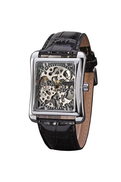 WINNER Ceas barbatesc CS1744, automatic, piele naturala, negru, cadran argintiu