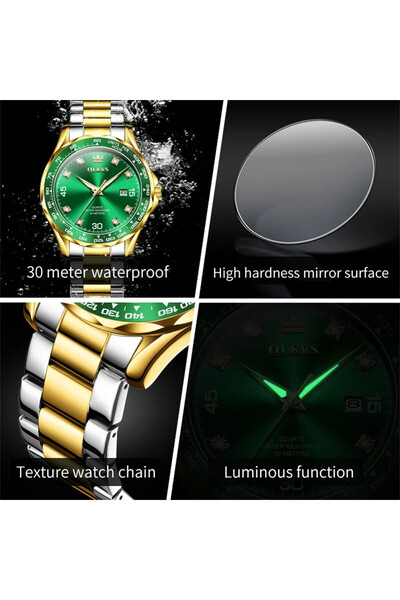 OLEVS Ανδρικό ρολόι CS1622, λουράκι σιλικόνης, πράσινο-χρυσό, πράσινο καντράν