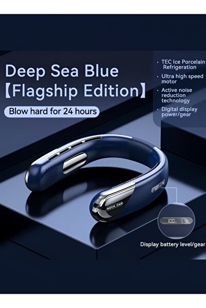 FAMİLY مروحة رقبة معلقة محمولة بدون أوراق، عمر بطارية من 6 إلى 8 ساعات - أزرق داكن