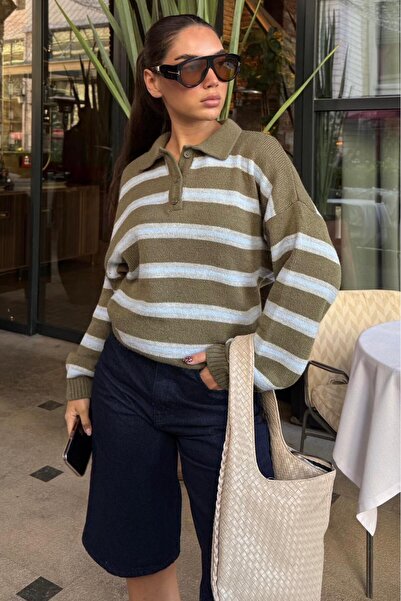 Madmext Khaki Polo Neck Striped Women's Knit Sweater Mg2469