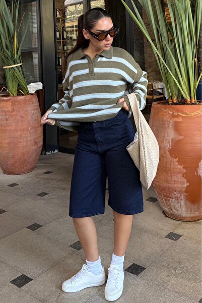 Madmext Khaki Polo Neck Striped Women's Knit Sweater Mg2469