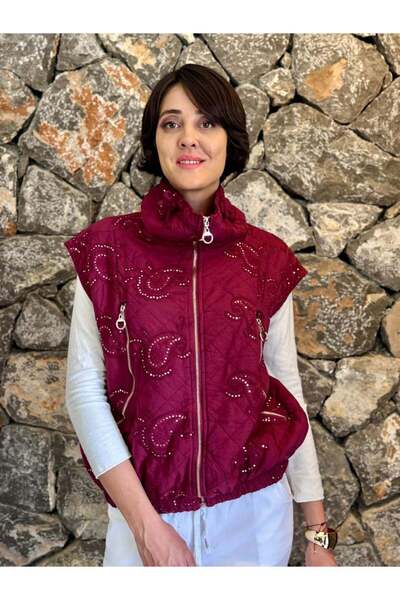 Punta Otantik Nc61582 Sequined Turtleneck Italian Quilted Vest Burgundy