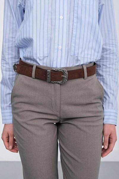 Shule Bags Curea cu cataramă de cowboy din piele intoarsa maro