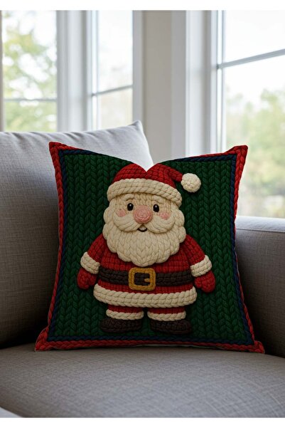 Sakallı Christmas-Themed Punch Embroidery Look Red and Green Santa Claus Patterned Throw Pillow Cover