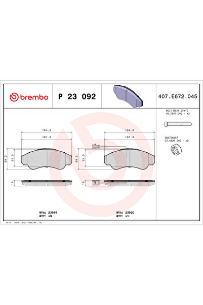Brembo Комплект накладки за дискови спирачки Citroen Jumper 1 Bus/Jumper 1 Ca...