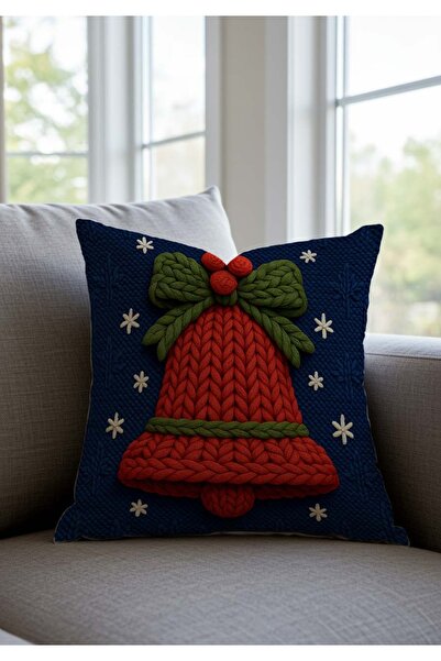 Sakallı Christmas Themed Punch Embroidery Look Bell Pattern Throw Pillow Cover