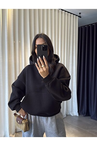 LUMI Kadın Siyah Oversize Kapüşonlu Sweatshirt