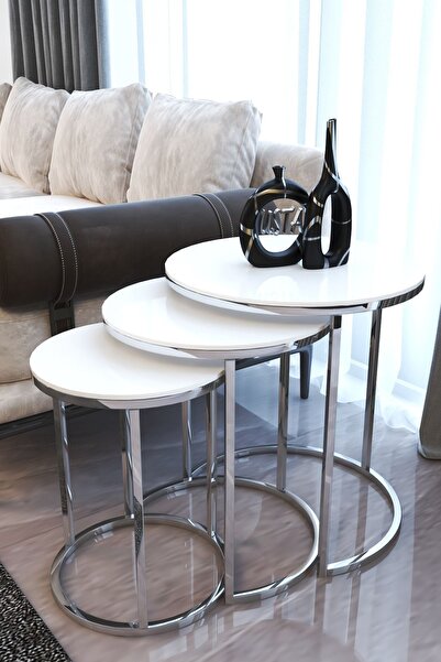 usta mekan Gümüş Metal Parlak Beyaz Mdf Tabla Zigon Sehpa