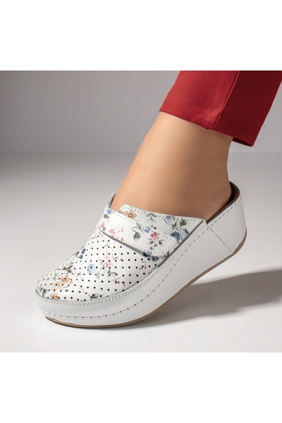 Modlet.ro Women's white genuine leather printed clogs with velcro MOD11637