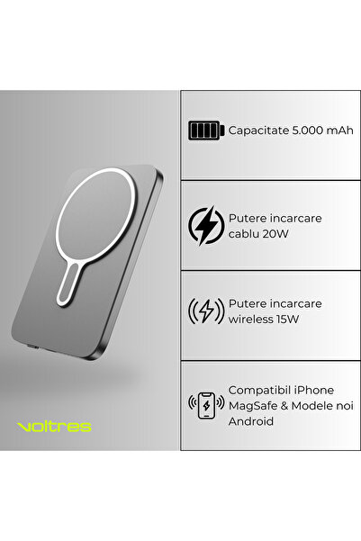 Voltres Slim MagSafe Wireless External Battery 5000 mAh, 20W Cable & 15W Wireless, Aluminum Power Bank, Gray