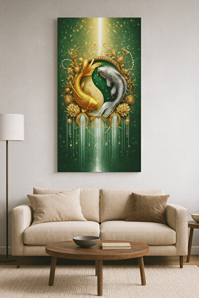 BLT DİZAYN Tablou din sticlă de artă modernă Royal Koi cu strălucire de aur ș...