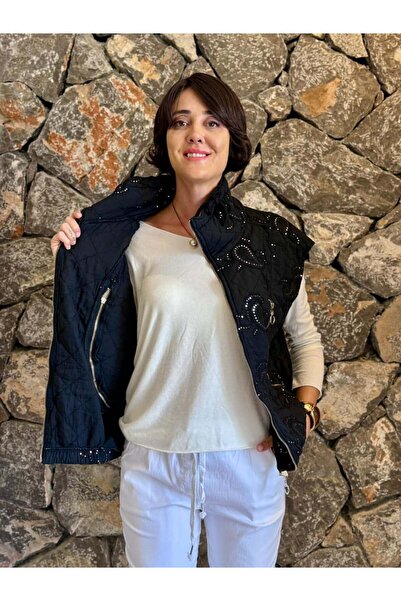 Punta Otantik NC61582 Pul Payetli Balıkçı Yaka İtalyan Kapitone Yelek Siyah