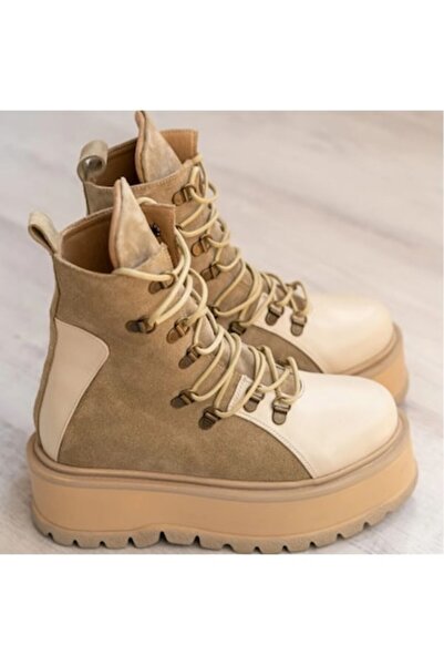 exclusives.ro Ghete dama - Gio - Bej piele naturala box - velur - talpa inalta